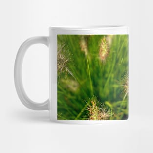 Bright spring grass field with sunlight bokeh background Mug